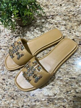 Tory Burch Eleanor Double T Crystal Slides Mules Sandals 10